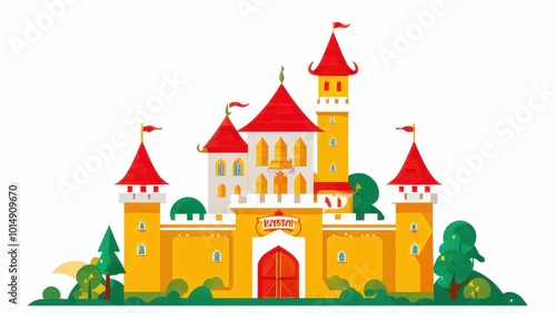 Wallpaper Mural A colorful cartoon castle with red roofs and lush greenery, ideal for children's illustrations. Torontodigital.ca
