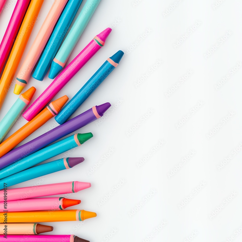 Colorful crayons arranged on a white background, perfect for artistic projects. Colorful crayons arranged on a white background, perfect for artistic projects.