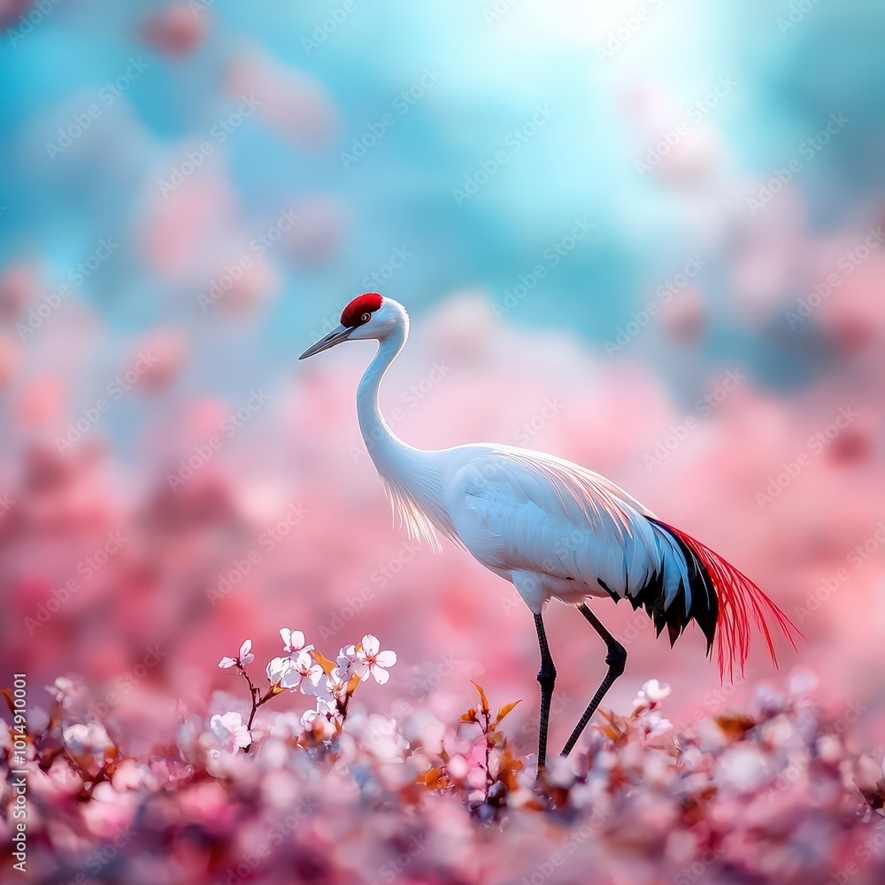 Naklejka premium A stunning crane stands gracefully among blooming pink flowers, embodying serenity and elegance in nature. Perfect for springtime themes and wildlife.