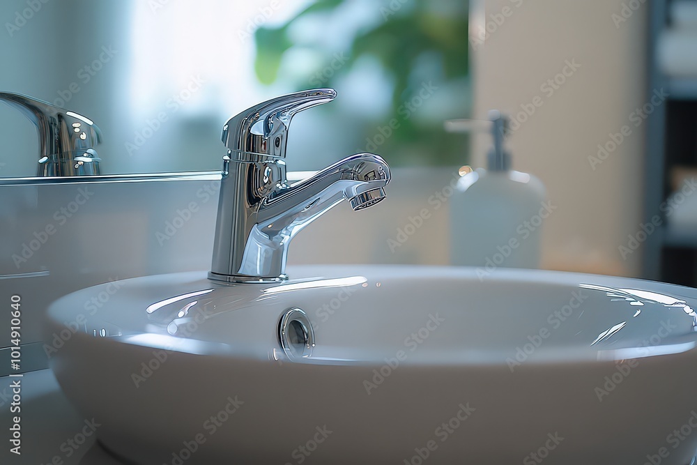  Perfectly cleaned sink area with a shining chrome faucet and bright white basin.