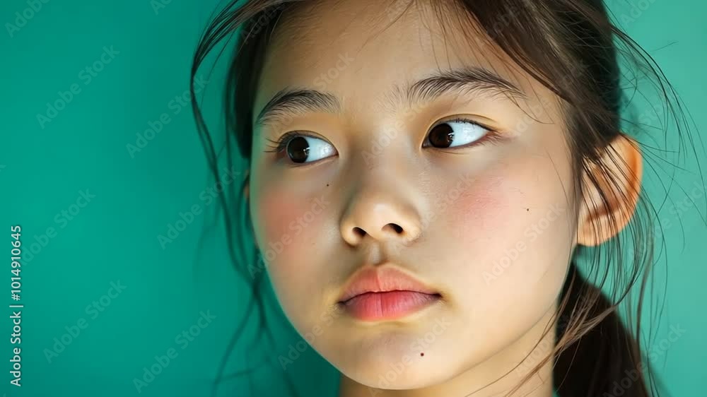 Young Girl With a Contemplative Expression Against a Teal Background Generative AI Young Girl With a Contemplative Expression Against a Teal Background Generative AI