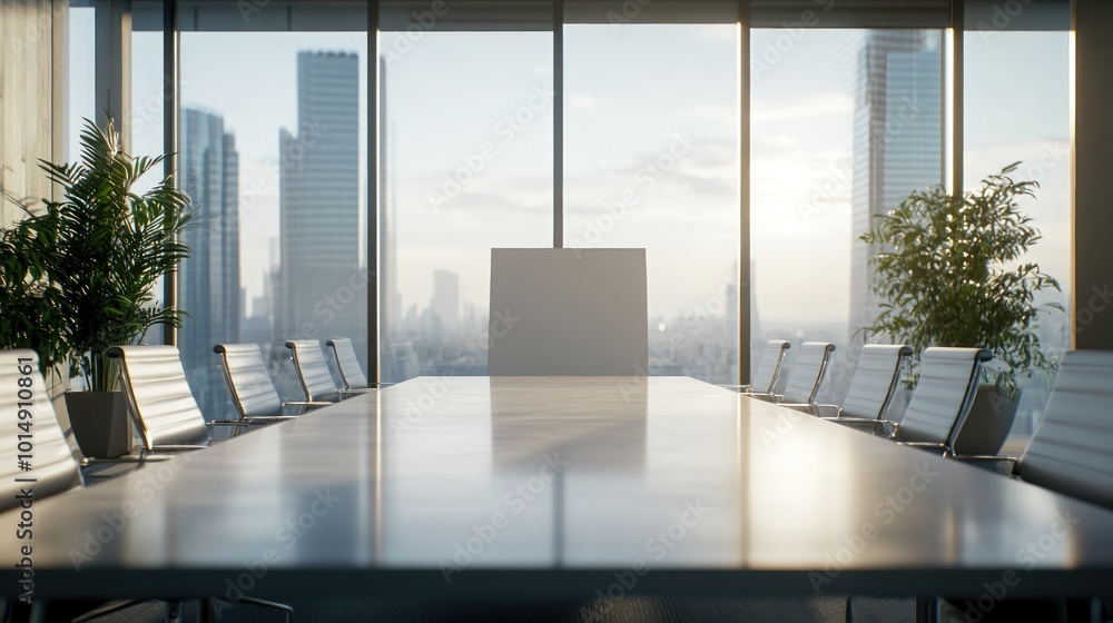 Fototapeta premium Modern office layout featuring a sleek meeting table, ergonomic chairs, a blank mockup wall for design placement