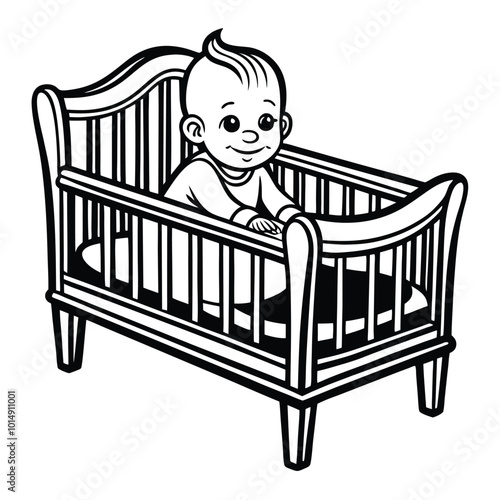 newborn baby toddler bed line art vector illustration.