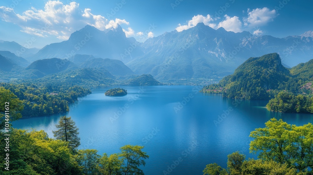 Tranquil lake surrounded by mountains, captured from a distance, showcasing the beauty and serenity of nature Tranquil lake surrounded by mountains, captured from a distance, showcasing the beauty and serenity of nature