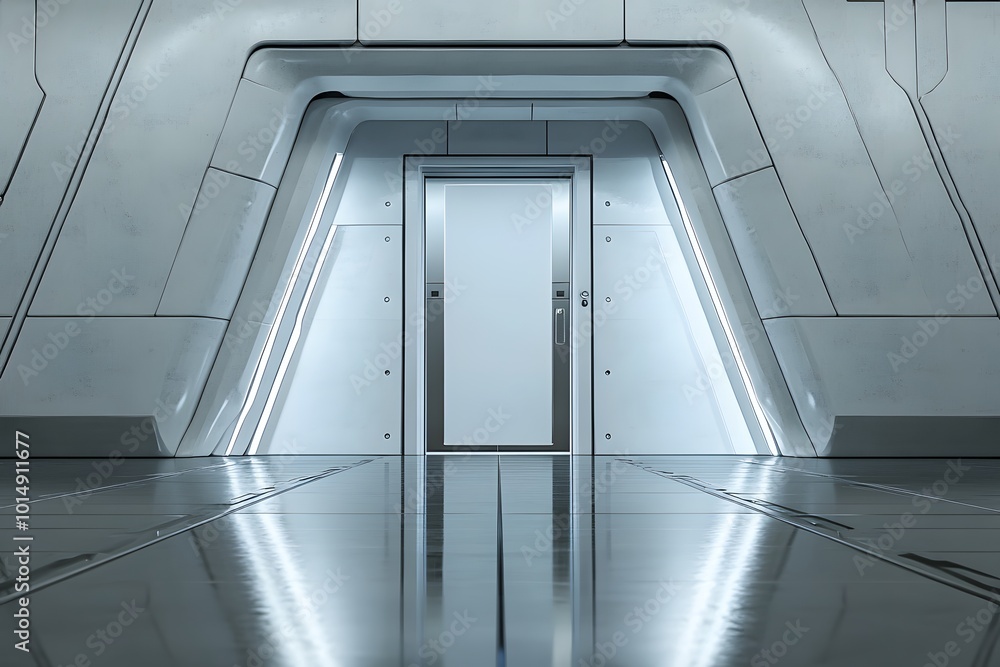 Fototapeta premium Futuristic entrance with sleek design on reflective surface.