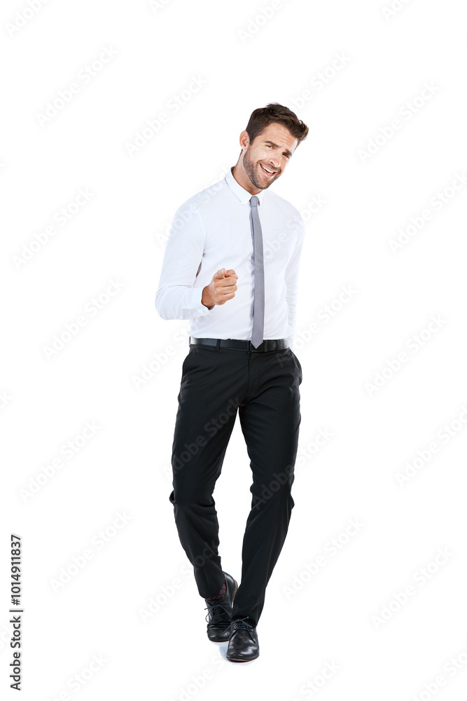 Dance, pointing and portrait of businessman in studio with smile, success and professional achievement. Growth, business and man with happy celebration, confidence and opportunity on white background Dance, pointing and portrait of businessman in studio with smile, success and professional achievement. Growth, business and man with happy celebration, confidence and opportunity on white background
