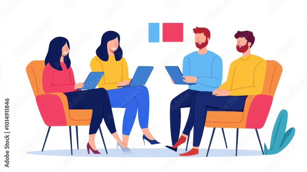Four professionals engage in a collaborative meeting, using laptops while seated in colorful chairs, showcasing teamwork and communication. Four professionals engage in a collaborative meeting, using laptops while seated in colorful chairs, showcasing teamwork and communication.