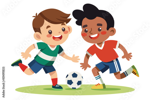two friends play football white background.