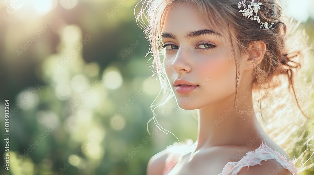 Capture the essence of romance of young woman with a blush pink wedding dress. Capture the essence of romance of young woman with a blush pink wedding dress.