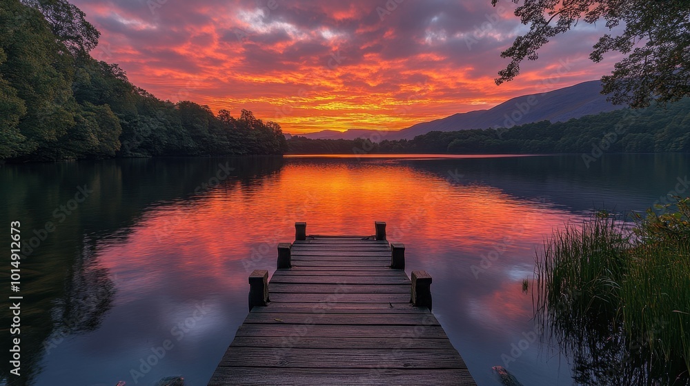 Tranquil lake with a dock at sunset, captured from a distance, showcasing the beauty and serenity of the scene Tranquil lake with a dock at sunset, captured from a distance, showcasing the beauty and serenity of the scene