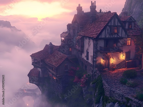 Wallpaper Mural Mystical mountain village during sunset, foggy atmosphere Torontodigital.ca