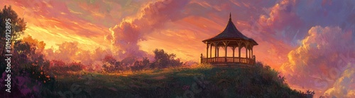 A wooden gazebo sits on a hilltop overlooking a picturesque landscape with a vibrant sunset in the background.