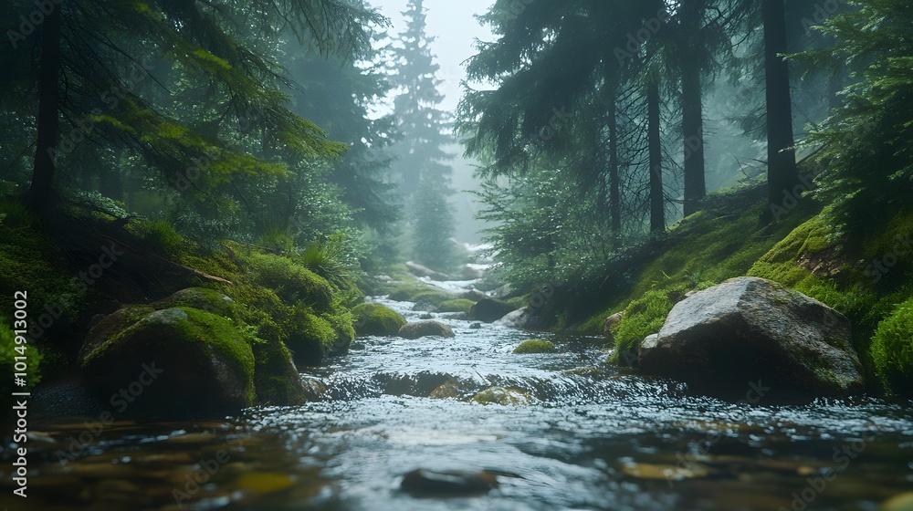 A gentle stream flows through a misty forest, featuring moss-covered rocks and dappled sunlight, creating an ethereal atmosphere in a tranquil nature scene. A gentle stream flows through a misty forest, featuring moss-covered rocks and dappled sunlight, creating an ethereal atmosphere in a tranquil nature scene.