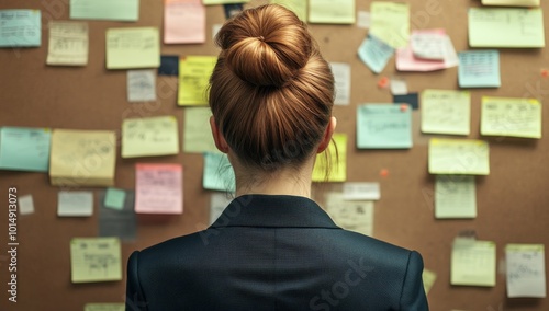 Woman with a messy bun looking at a corkboard with sticky notes.