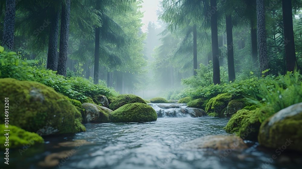 Obraz premium A gentle stream flows through a misty forest, featuring moss-covered rocks and dappled sunlight, creating an ethereal atmosphere in a tranquil nature scene.