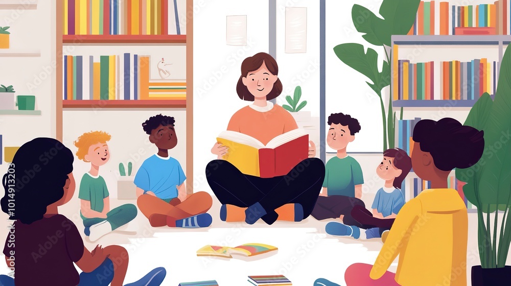 A person reading a story to a group of children, fostering inclusivity and acceptance. A person reading a story to a group of children, fostering inclusivity and acceptance.