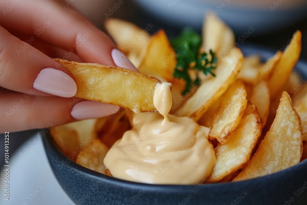 Hand of woman eating chips with tasty mayonnaise sauce, closeup - generative ai