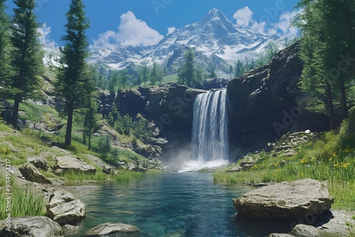 Scenic waterfall surrounded by mountains and green forest