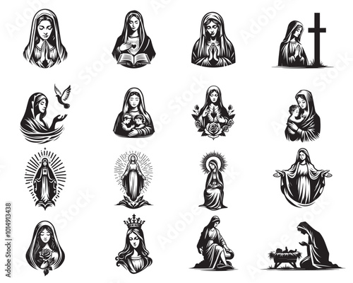 Virgin Mary Vector illustration in black and white - collection of Mother Of God