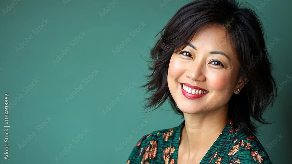 Cheerful Woman With Short Hair Smiles Against a Green Background Generative AI Cheerful Woman With Short Hair Smiles Against a Green Background Generative AI