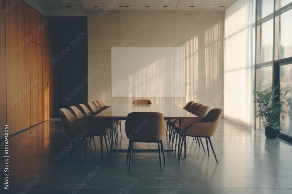 Office with elegant meeting table and chairs on one side, opposite an empty white wall for branding Office with elegant meeting table and chairs on one side, opposite an empty white wall for branding