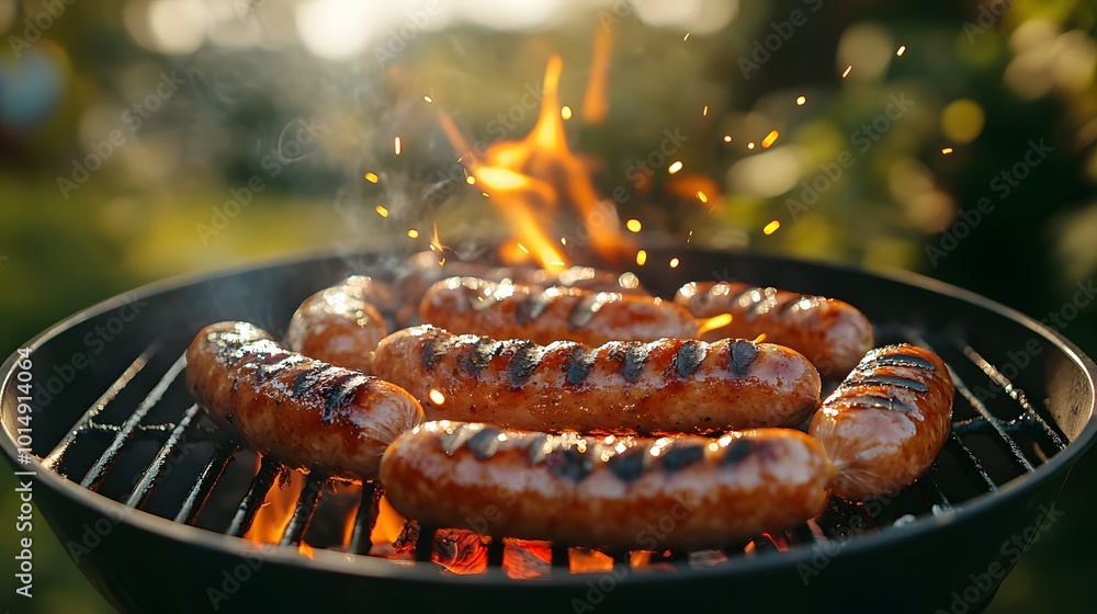 Grilled sausages sizzle on a barbecue, surrounded by bright flames and flying sparks, evoking the essence of a summer barbecue atmosphere with juicy bratwurst. Grilled sausages sizzle on a barbecue, surrounded by bright flames and flying sparks, evoking the essence of a summer barbecue atmosphere with juicy bratwurst.