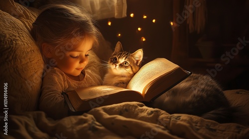 A child reading a bedtime story to their pet, fostering a bond of companionship and love. 