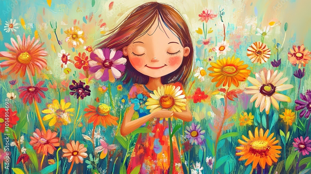Joyful girl nurturing blooms in a vibrant garden Joyful girl nurturing blooms in a vibrant garden
