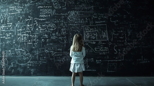 Rear view student child stands in front of a huge blackboard try to solve hard mathematics calculation, formula and equations. Thinking of project ideas planning concept. 