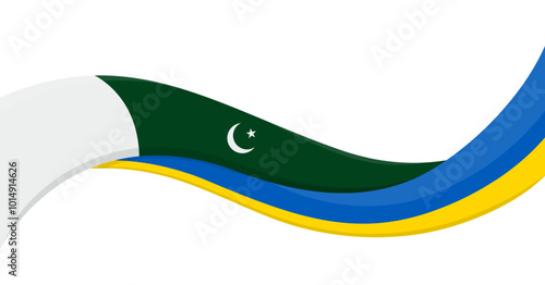 Wavy ribbon banner of Ukraine National flag with Pakistan National Flag. Unity and cooperation symbol. Logo for charity social events, NGO, sports team, peace summit. Vector illustration.