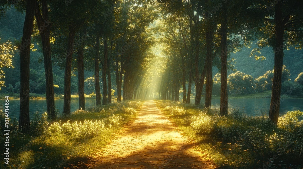 Fototapeta premium Tranquil forest path lined with tall trees, viewed from a slight elevation, emphasizing the lush greenery and dappled sunlight filtering through the leaves 