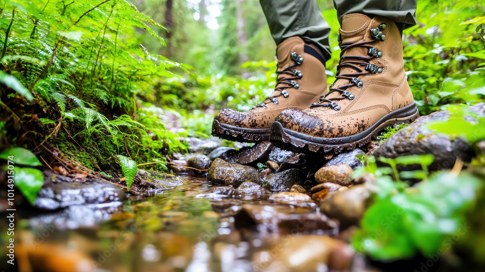 Close-up of muddy hiking boots standing in a clear stream surrounded by lush green vegetation in a forest setting Close-up of muddy hiking boots standing in a clear stream surrounded by lush green vegetation in a forest setting