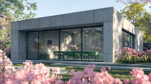 Modern home with a concrete gray facade, large windows, surrounded by blush pink flowers, featuring a jade green dining area