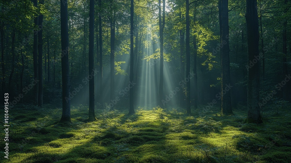 Obraz premium Tranquil forest scene with sunlight filtering through trees, viewed from a low angle, highlighting the beauty and serenity