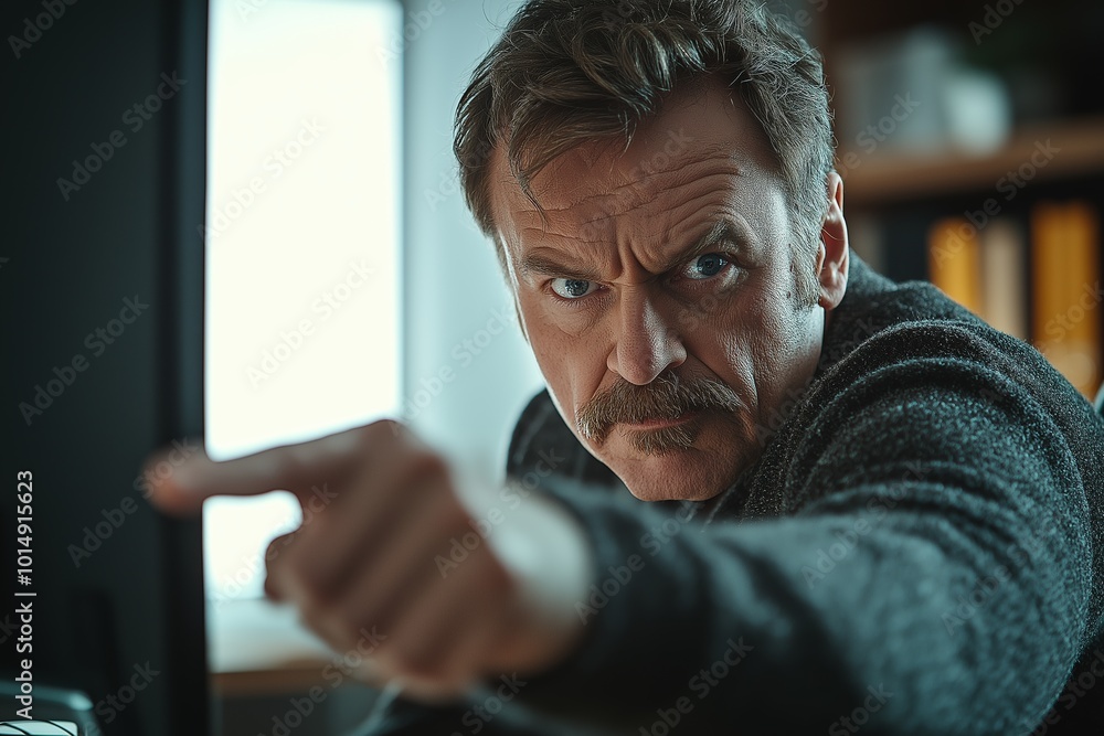 Stern man pointing accusingly, expressing frustration in a professional office setting, emphasizing authority and confrontation. Stern man pointing accusingly, expressing frustration in a professional office setting, emphasizing authority and confrontation.