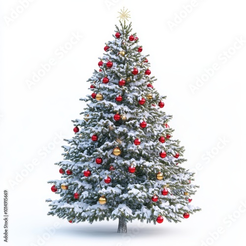 A snowy Christmas tree with red and gold decorations, realistic pine needles, isolated on white background