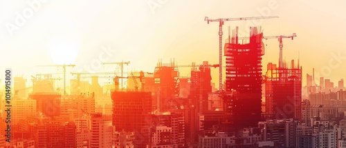 Urban Construction Scene at Sunset with Cranes