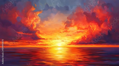 Sunset Over Fiery Ocean Horizon photo