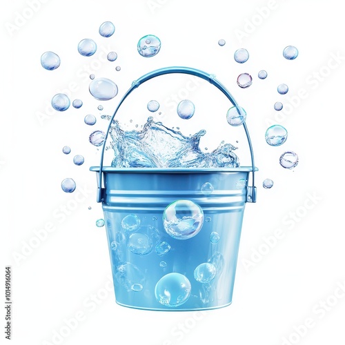 A bucket filled with water and soap bubbles, photorealistic style, isolated on white background