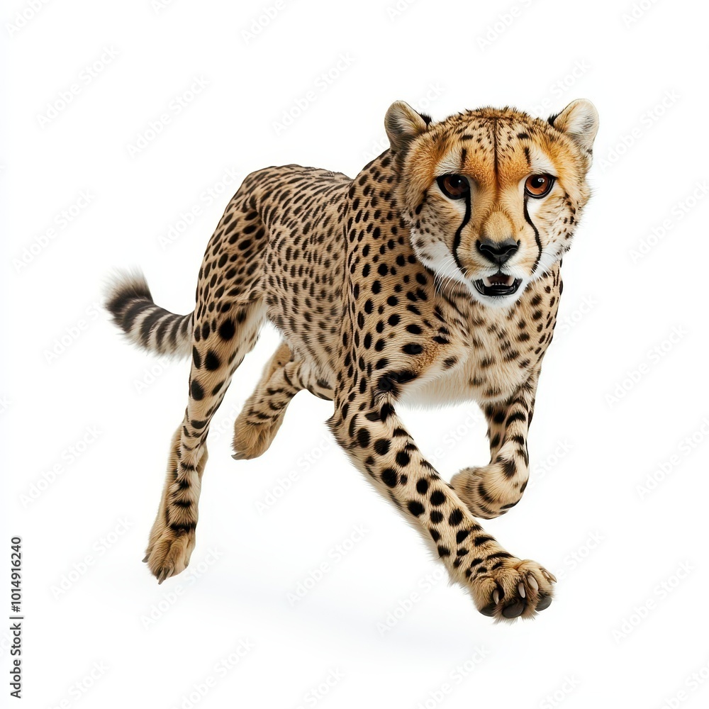 A swift cheetah mid-run, detailed spots and sleek body, isolated on white background A swift cheetah mid-run, detailed spots and sleek body, isolated on white background