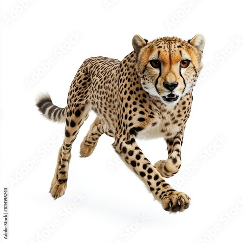 A swift cheetah mid-run, detailed spots and sleek body, isolated on white background