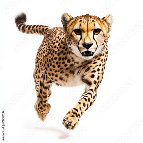 A swift cheetah mid-run, detailed spots and sleek body, isolated on white background photo