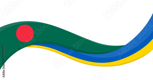 Wavy ribbon banner of Ukraine National flag with Bangladesh National Flag. Unity and cooperation symbol. Logo for charity social events, NGO, sports team, peace summit. Vector illustration.