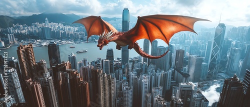 Rear view of a majestic dragon soaring over bustling city skyscrapers, blending fantasy and modernity, vivid colors and dynamic skyline photo