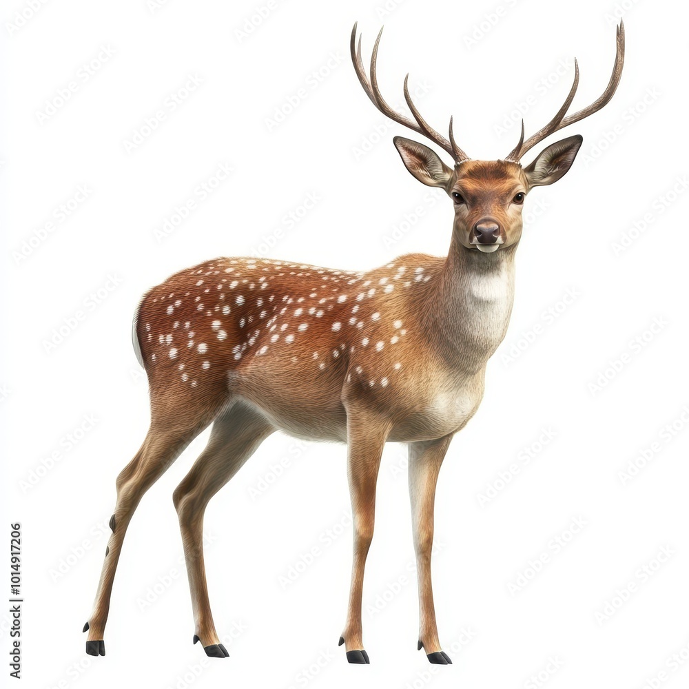 A graceful deer with large antlers, standing in a forest, photorealistic rendering, isolated on white background A graceful deer with large antlers, standing in a forest, photorealistic rendering, isolated on white background