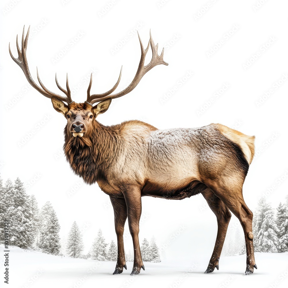 A majestic elk with large antlers, standing in a snowy landscape, isolated on white background A majestic elk with large antlers, standing in a snowy landscape, isolated on white background