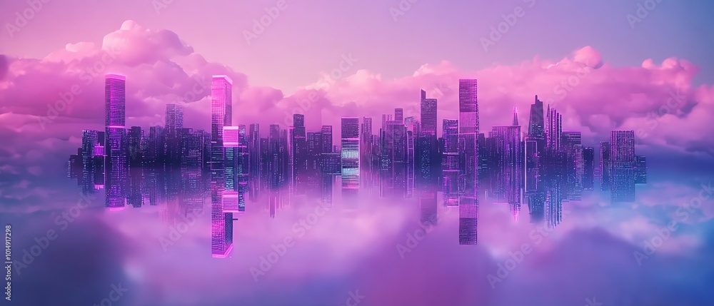 Fototapeta premium Rear view of a minimalistic dystopian cityscape, AI-generated architectural marvels, surreal lighting effects, atmospheric mood