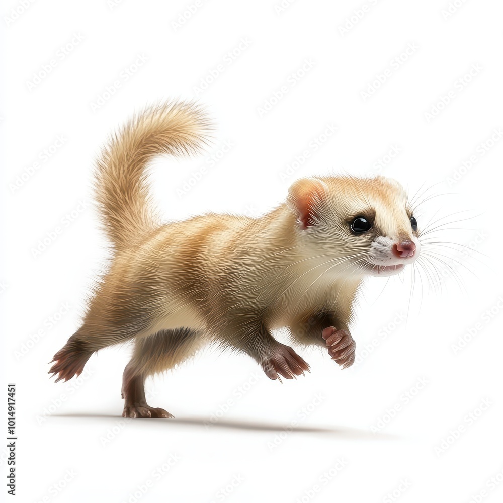 A playful ferret running with its tail up, soft fur and sleek body, isolated on white background A playful ferret running with its tail up, soft fur and sleek body, isolated on white background