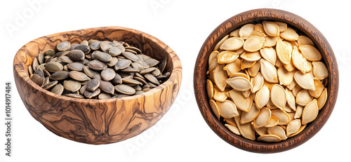 Collection of Pumpkin and Watermelon Seeds in Wooden Bowls on Transparent Background