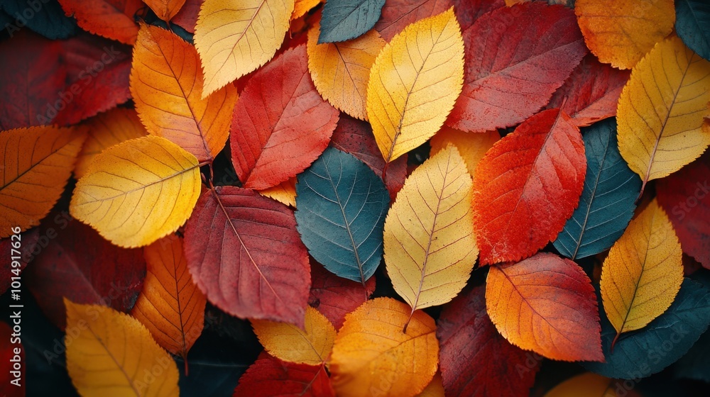 Fototapeta premium Vibrant autumn leaves scattered on a forest floor, viewed from a top-down perspective, highlighting the rich colors of fall